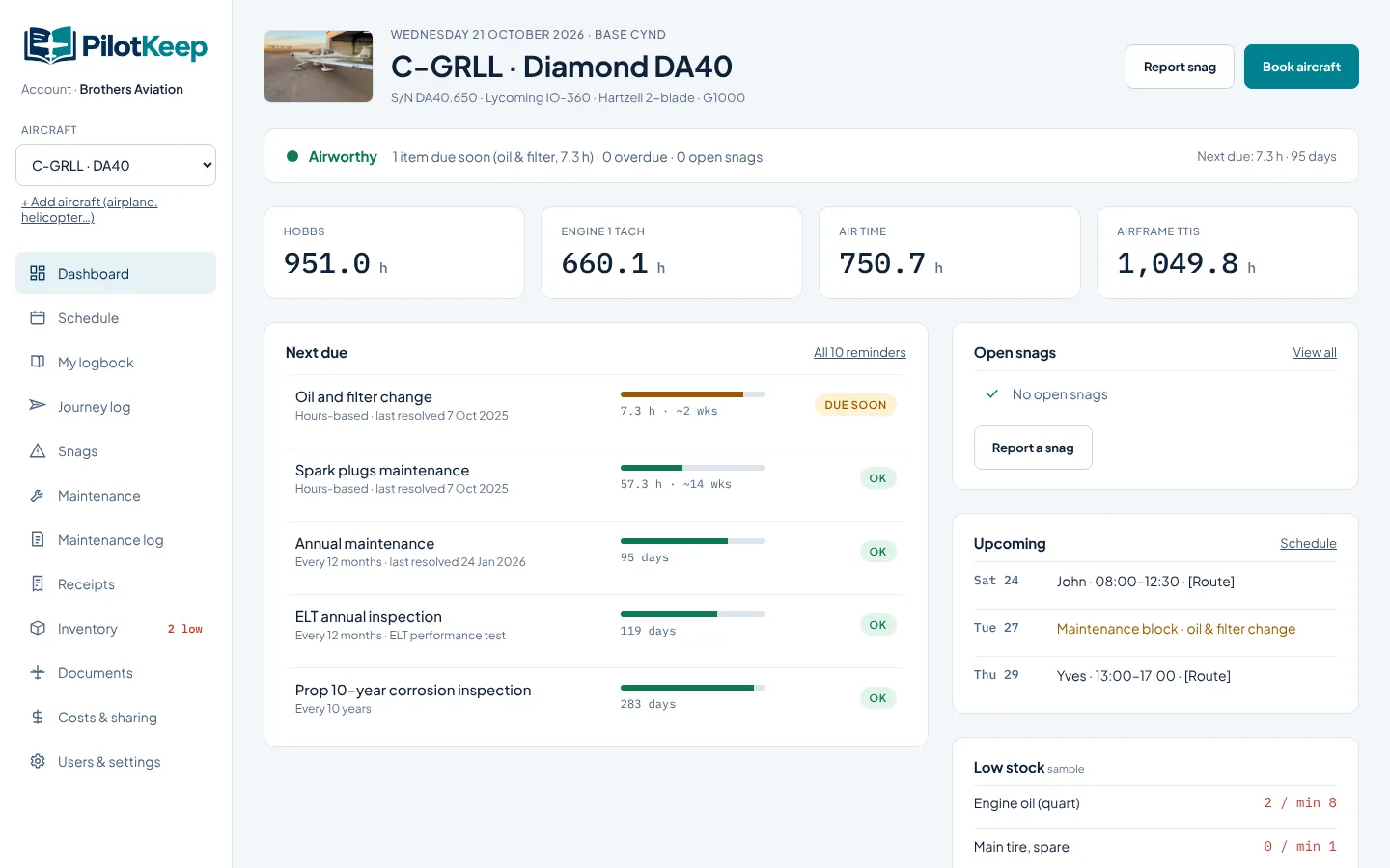PilotKeep dashboard showing aircraft times, next maintenance due, open snags and upcoming bookings