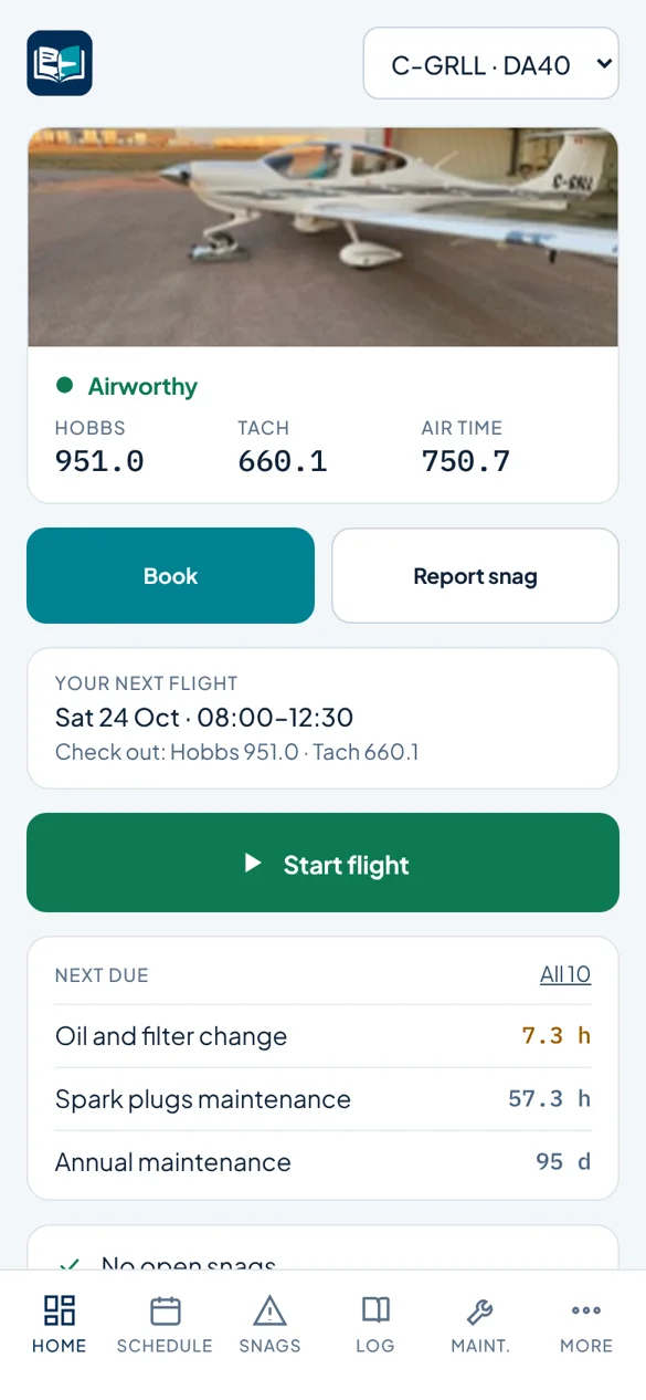 Phone home screen with aircraft status and Start flight button